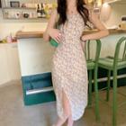 Short-sleeve Cropped Jacket / Spaghetti Strap Flower Print Midi Sheath Dress