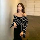 Bell-sleeve Off-shoulder Striped Top