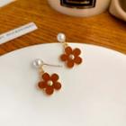 Sterling Silver Floral Ear Stud 1 Pair - Brick Red - One Size