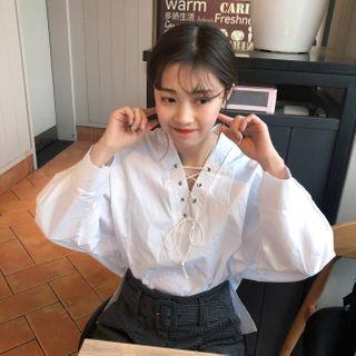 Lace-up Batwing-sleeve Blouse White - One Size
