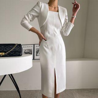 Square-neck Slit-front Long Sheath Dress