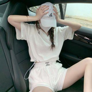 Set: Short-sleeve Letter Embroidered Collared T-shirt + Applique Shorts