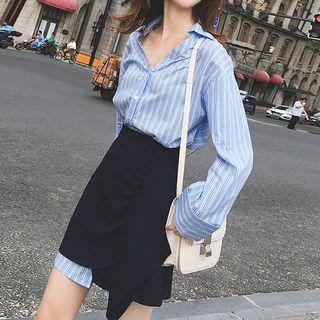 Set: Striped Long-sleeve Shirt Dress + Mini A-line Skirt