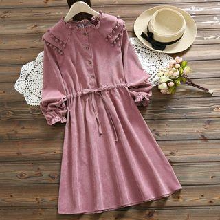 Long-sleeve Pom Pom Midi A-line Dress