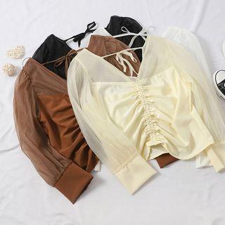 Drawstring V-neck Chiffon Blouse