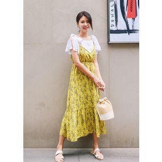 Plus Size - Spaghetti-strap Floral Long Chiffon Dress