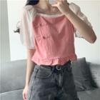 Puff-sleeve Frog-button Cropped Blouse