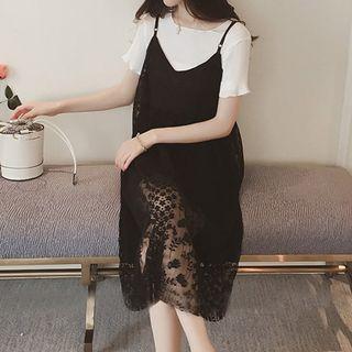 Set: Plain Short-sleeve Dress + Lace Spaghetti Strap Dress