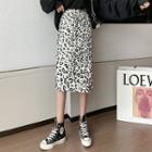 High-waist Slit Leopard Print A-line Medium Long Skirt
