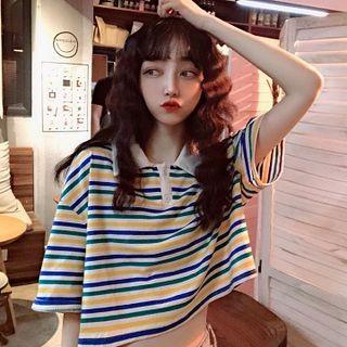 Elbow-sleeve Striped Polo Shirt As Shown In Figure - One Size