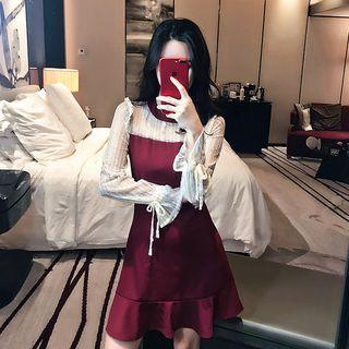 Long-sleeve Lace Panel Mini A-line Ruffle Trim Dress