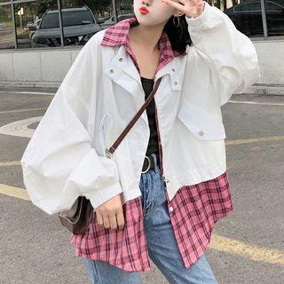 Plaid Mock Two-piece Zip Jacket