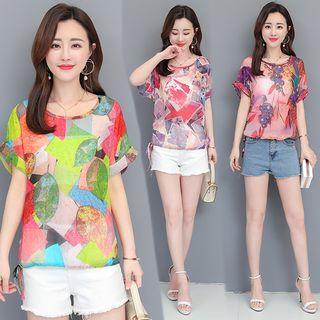 Short-sleeve Printed Tie-side Chiffon Blouse