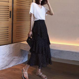 Set: Short-sleeve T-shirt + Midi Dotted Layered Skirt