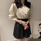 Long-sleeve Peter Pan Collar Color Block Blouse / High-waist Pleated Skirt
