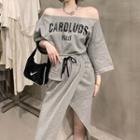 Off Shoulder Lettering Print Top / Drawstring Slit Skirt