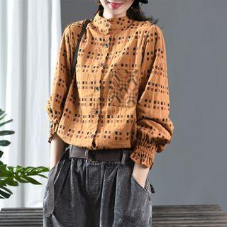 Mandarin Collar Plaid Linen Shirt