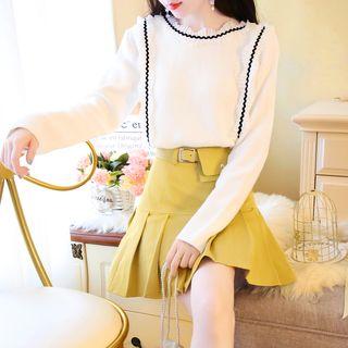 Set: Contrast Trim Knit Top + Pleated Skirt / Contrast Trim Knit Top