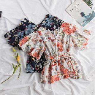 Flower Print Short-sleeve Tie-waist Top