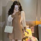 Long-sleeve Two-tone Knit Panel Mini A-line Dress