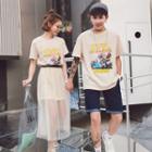 Couple Matching Set: Printed Short-sleeve T-shirt Dress + Midi Mesh Skirt / Printed Short-sleeve T-shirt