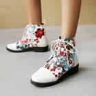 Floral Print Chunky-heel Lace-up Short Boots