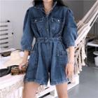 Elbow-sleeve Denim Playsuit As Shown In Figure - One Size