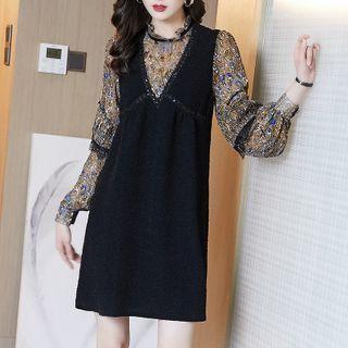 Long-sleeve Mock Two-piece Floral Mesh Midi Dress