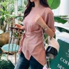 Short-sleeve Asymmetric Knotted T-shirt Mauve Pink - One Size