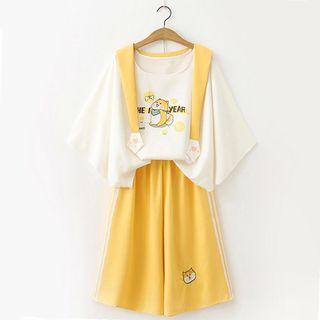 3/4-sleeve Cartoon Puppy T-shirt / Wide-leg Sweatshorts