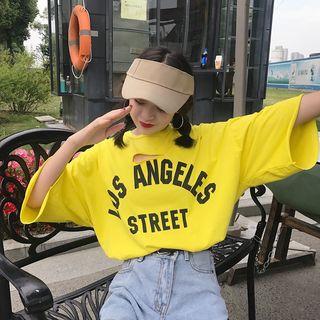 Lettering Distressed 3/4-sleeve T-shirt