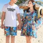Couple Matching V-neck Printed Long-sleeve Sundress / Printed Shorts