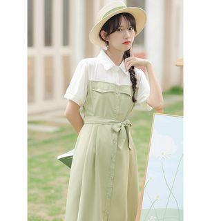 Short-sleeve Tie-waist Two-tone Midi Shirt Dress