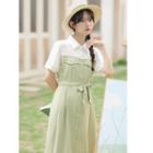 Short-sleeve Tie-waist Two-tone Midi Shirt Dress