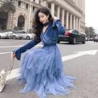 Velvet V-neck Bell-sleeve Mesh Dress
