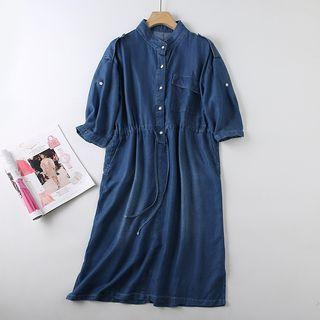 Elbow-sleeve Denim Midi A-line Dress Blue - One Size