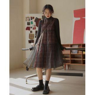 Mesh Overlay Midi A-line Overall Dress