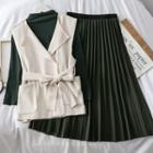 Set: Mock-neck Plain Top + Lapel Vest With Sash + Pleated Mini Skirt