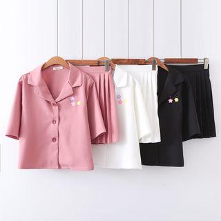 Set: Flower Print Elbow-sleeve Blouse + Mini Pleated Skirt