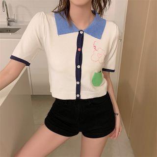 Short-sleeve Floral Embroidered Polo Knit Top Blue & White - One Size