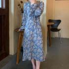 Long-sleeve Floral Print Ruffled Midi A-line Dress Blue - One Size