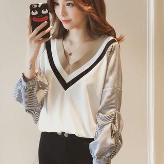 Striped Sleeve V-neck Top