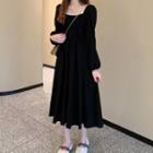 Long-sleeve Lace Trim Midi Dress Black - One Size