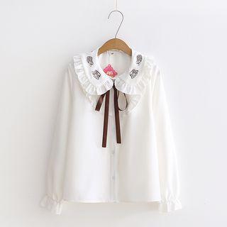 Long-sleeve Embroidered Tie-neck Shirt