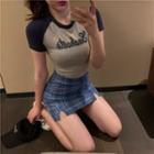 Lettering Cropped Raglan Short-sleeve T-shirt / Plaid Slit Mini Pencil Skirt