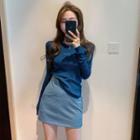 Slim-fit Plain Knit Top / Faux-leather Mini Skirt