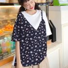 Mock Two-piece Flower Print Elbow-sleeve T-shirt