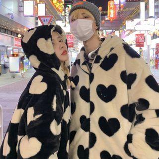 Couple Matching Heart Print Hooded Fleece Zip Jacket