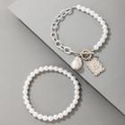 Set Of 2: Faux Pearl Bracelet 19734 - Set Of 2 - Silver & White - One Size