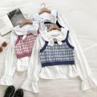 Set:plain Peter-pan Collar Long-sleeve Shirt + Color-block Plaid Knit Vest
